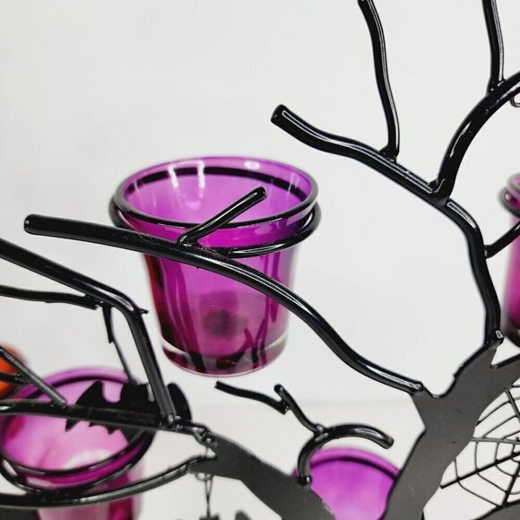 Lot of 2 Halloween Glass Votive Candle Holders Bats Spiders Metal Tree Spooky - Picture 4 of 13